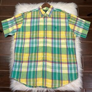 Ralph Lauren Madras Plaid Shirt Mens XL Custom Fit Colorful Cotton Short Sleeve